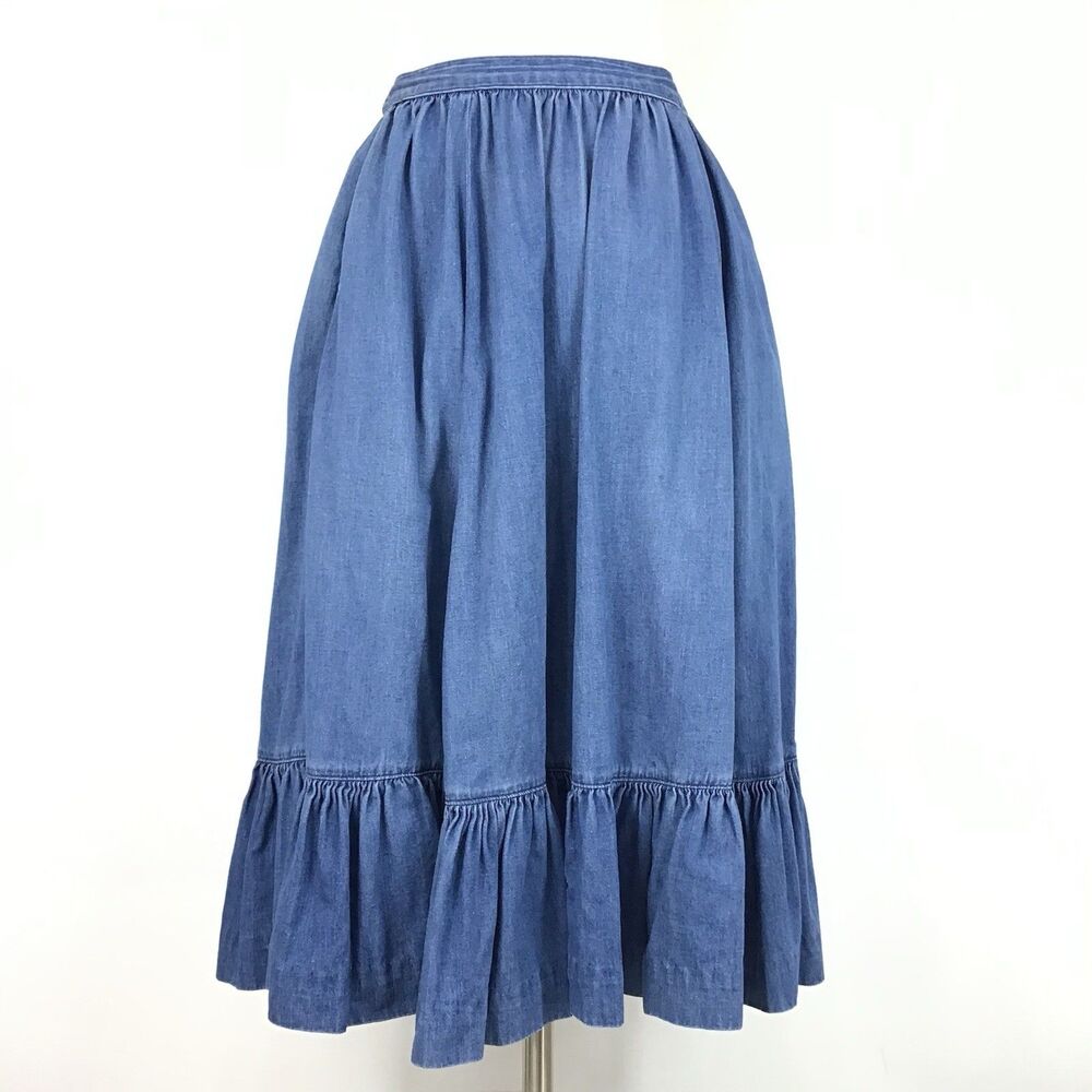 Vintage Bis Denim Skirt S Midi Prairie Western Tiered Ruffle Pockets Festival